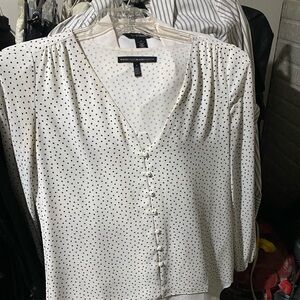 White House Black Market Cream Blouse with Black Polka Dots